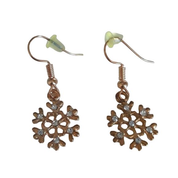 Gold and Rhinestone Snowflake Dangle Earrings - Picture 6 of 6